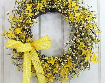 Spring Forsythia & Berry Wreath - Yellow Wreaths for Your Home - Country Farmhouse - Wreath for Front Door - Primitive Wreath- Designawreath