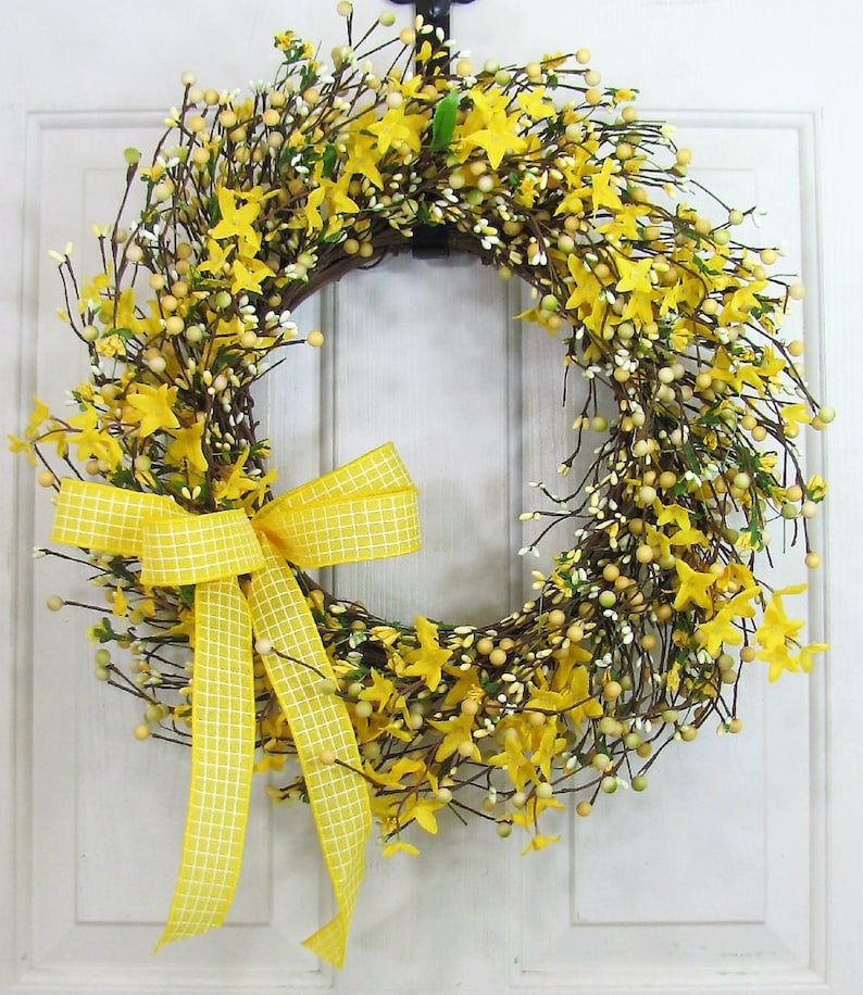 Spring Forsythia & Berry Wreath Yellow Wreaths for Your Home Country Farmhouse Wreath for Front Door Primitive Wreath Designawreath image 1