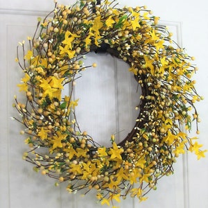 Spring Forsythia & Berry Wreath Yellow Wreaths for Your Home Country Farmhouse Wreath for Front Door Primitive Wreath Designawreath image 5