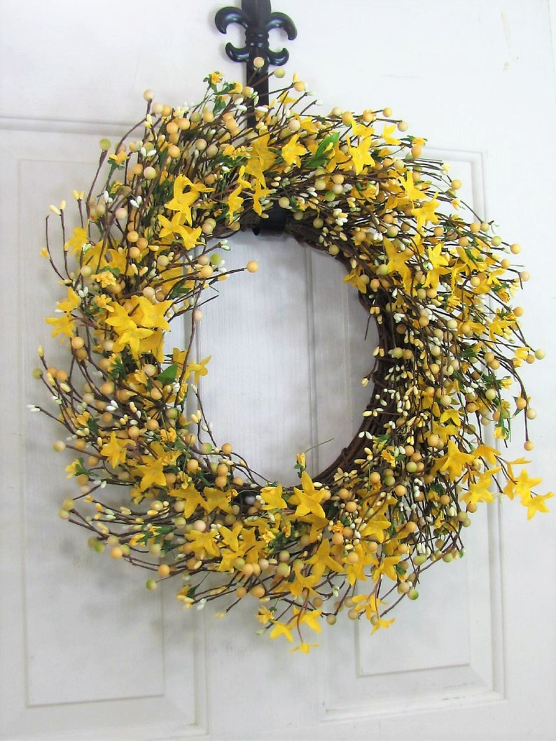 Spring Forsythia & Berry Wreath Yellow Wreaths for Your Home Country Farmhouse Wreath for Front Door Primitive Wreath Designawreath image 5