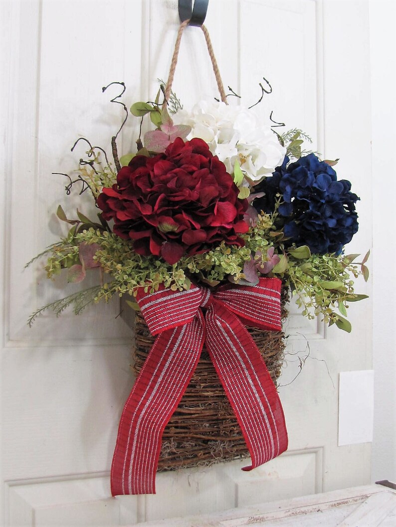 Patriotic Hydrangea Basket Wreath for Your Front Door or Home Wreath Basket for Door Every Day Outdoor Porch Decor Designawreath image 2