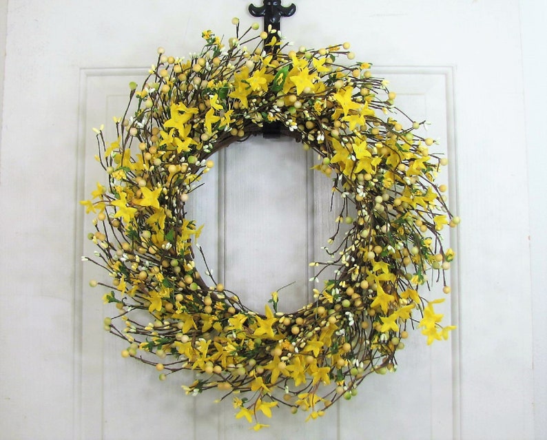 Spring Forsythia & Berry Wreath Yellow Wreaths for Your Home Country Farmhouse Wreath for Front Door Primitive Wreath Designawreath image 4