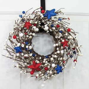 SMALL Patriotic Wreath/Candle Ring Americana Flag Wreaths Red White and Blue Stars and Berries, Versatile Decor for Door or Cabinet image 3