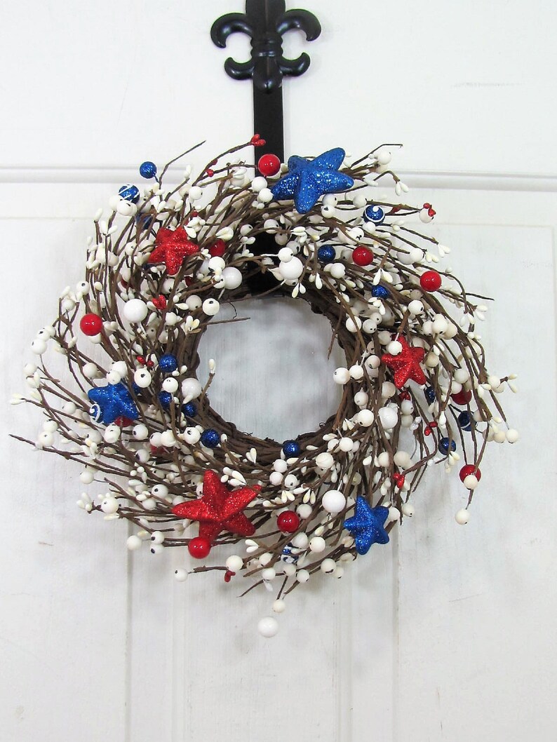 SMALL Patriotic Wreath/Candle Ring Americana Flag Wreaths Red White and Blue Stars and Berries, Versatile Decor for Door or Cabinet image 3