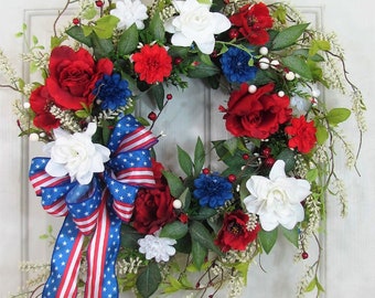 Flag Wreath - Patriotic Floral Grapevine Wreath - July 4th Wreath - July Fourth Americana Floral Wreath - Memorial Day Patriotic Home Decor