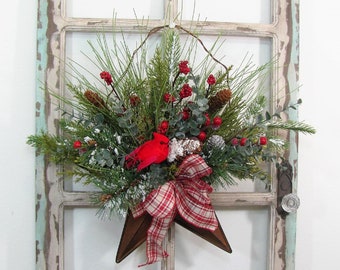 Rustic Cardinal & Pine Star Wall Pocket - Primitive Country Home Decor - Rustic Texas Star - Rustic Porch Decor Gift - Designawreath