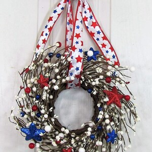 SMALL Patriotic Wreath/Candle Ring Americana Flag Wreaths Red White and Blue Stars and Berries, Versatile Decor for Door or Cabinet image 2