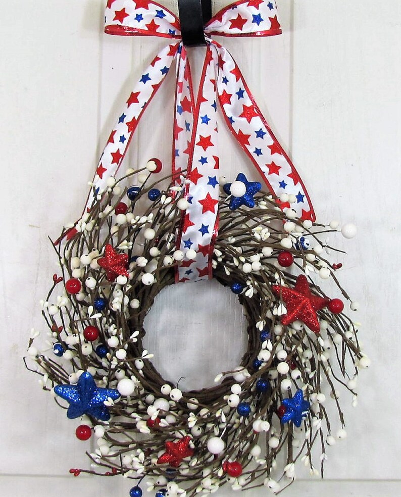 SMALL Patriotic Wreath/Candle Ring Americana Flag Wreaths Red White and Blue Stars and Berries, Versatile Decor for Door or Cabinet image 2
