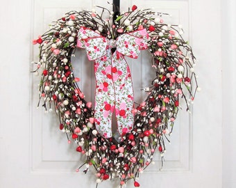 Mother's Day Heart Wreath for Your Home - Red & Pink Heart Berry Wreath - Red Pip Berry Wreath - Valentine Heart Door or Home Decor