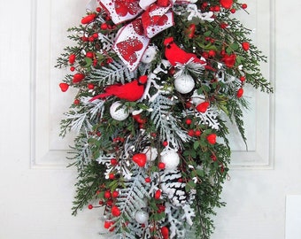 Winter Valentine Pine Swag with Cardinals and Red Heart Berries -  Red Berry Front Door Wreath - Winter Home or Door Wreaths or Swag