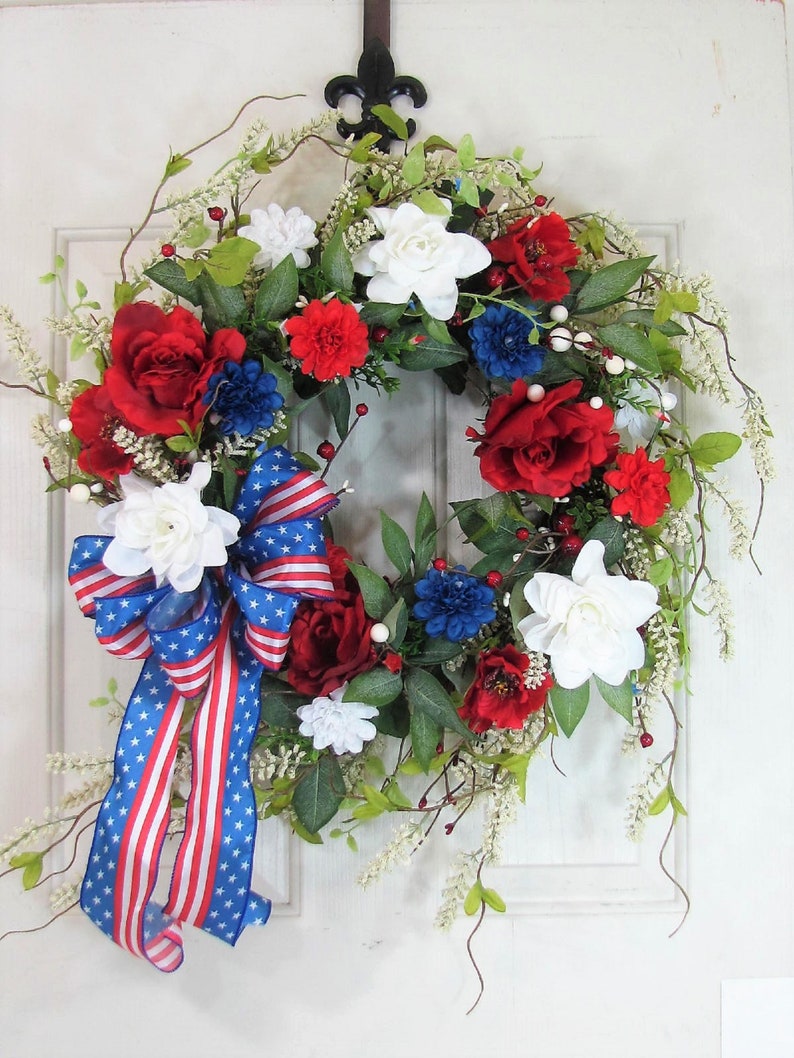 Flag Wreath Patriotic Floral Grapevine Wreath July 4th Wreath July Fourth Americana Floral Wreath Memorial Day Patriotic Home Decor image 2