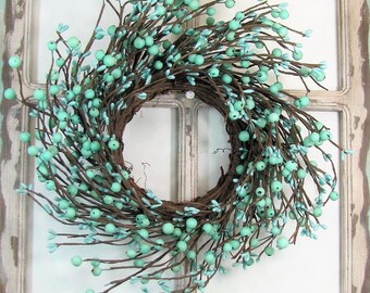 SMALL Everyday Wreath - Teal Blue Berry Wreath - Wreath for Kitchen Cabinet or Pantry Door - Country Farmhouse Home Decor - Primitive Wreath