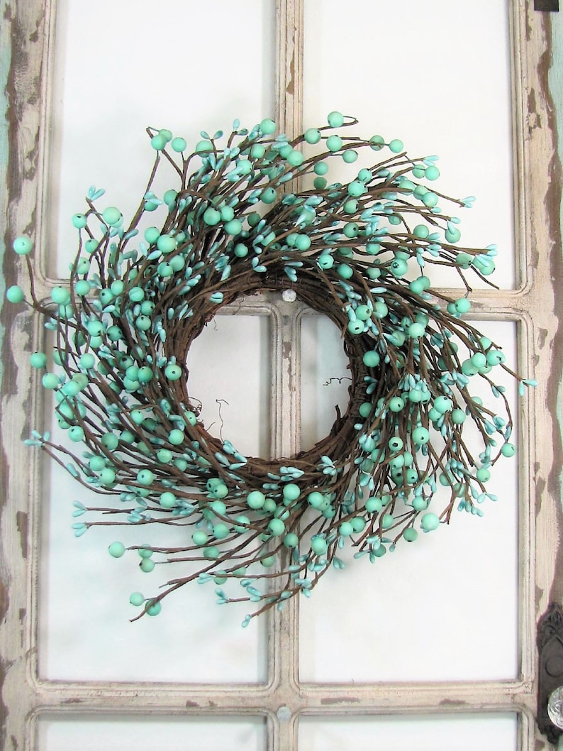 SMALL Everyday Wreath Teal Blue Berry Wreath Wreath for Kitchen Cabinet or Pantry Door Country Farmhouse Home Decor Primitive Wreath image 1