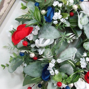 SMALL Patriotic Floral Wreath Red White Blue Decor Lambs Ear & Eucalyptus Americana Wreath for Kitchen Cabinet or Tablescape image 9
