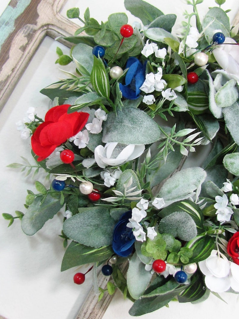 SMALL Patriotic Floral Wreath Red White Blue Decor Lambs Ear & Eucalyptus Americana Wreath for Kitchen Cabinet or Tablescape image 9