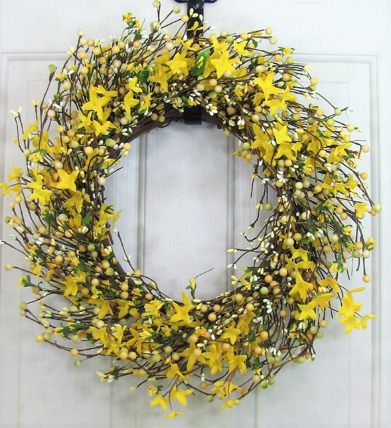 Spring Forsythia & Berry Wreath Yellow Wreaths for Your Home Country Farmhouse Wreath for Front Door Primitive Wreath Designawreath image 3