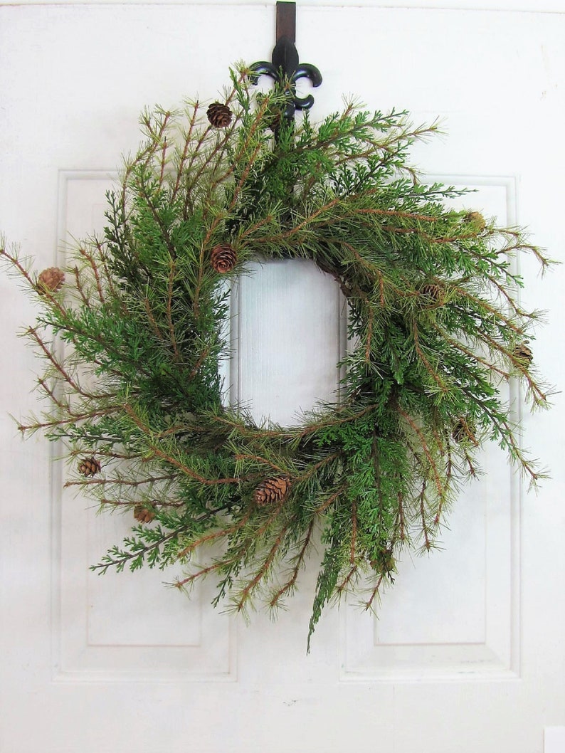 Artificial Cedar Pine Wreath Evergreen Everyday Home Decor Rustic Minimalist Door Accent Indoor Outdoor Wreath Year Round Pine image 2