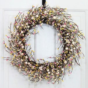 Every Day Pip Berry STORM Door Wreath THIN Berry Wreath for your Front Door Country Cream, Pink and Yellow Berry Wreath Gift for her image 3