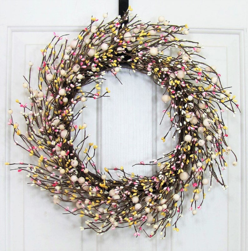 Every Day Pip Berry STORM Door Wreath THIN Berry Wreath for your Front Door Country Cream, Pink and Yellow Berry Wreath Gift for her image 3