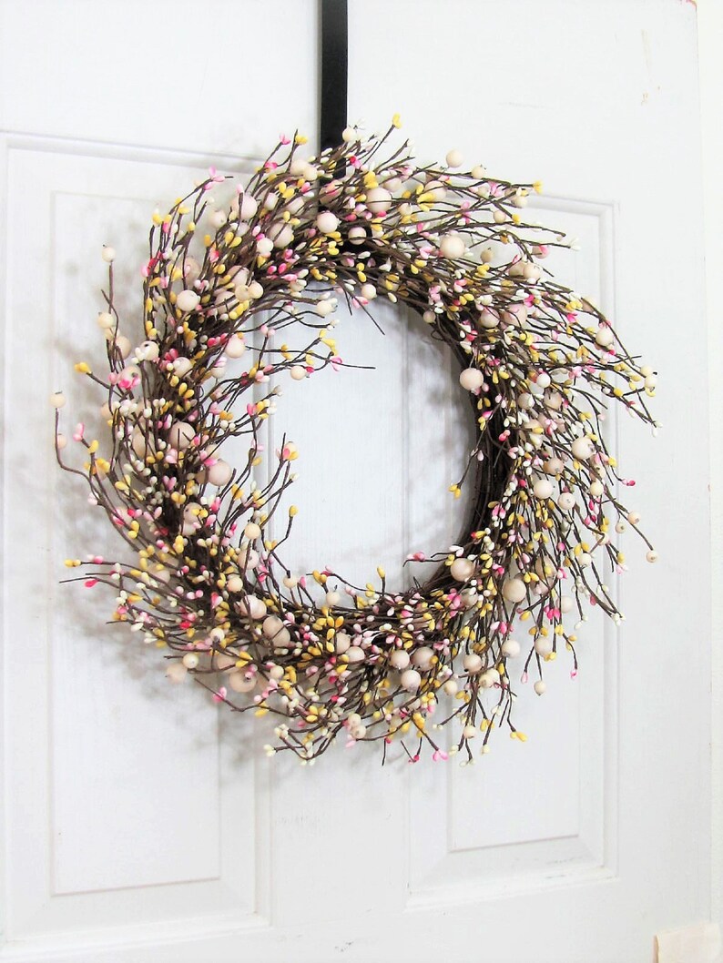 Every Day Pip Berry STORM Door Wreath THIN Berry Wreath for your Front Door Country Cream, Pink and Yellow Berry Wreath Gift for her image 7