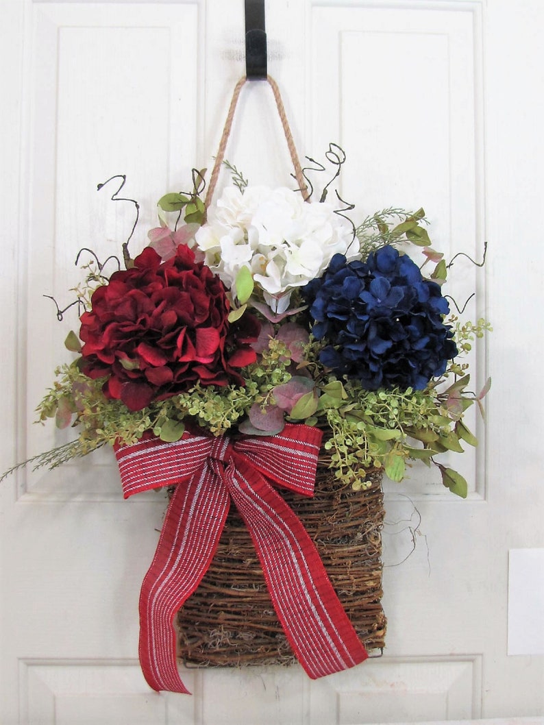 Patriotic Hydrangea Basket Wreath for Your Front Door or Home Wreath Basket for Door Every Day Outdoor Porch Decor Designawreath image 3