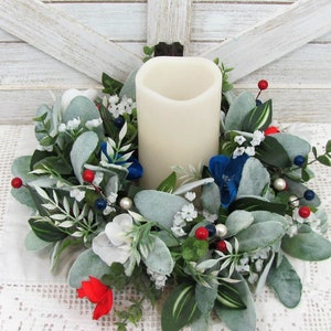 SMALL Patriotic Floral Wreath Red White Blue Decor Lambs Ear & Eucalyptus Americana Wreath for Kitchen Cabinet or Tablescape image 1
