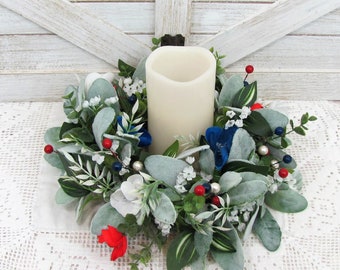 SMALL Patriotic Floral Wreath - Red White Blue Decor - Lambs Ear & Eucalyptus - Americana Wreath for Kitchen Cabinet or Tablescape