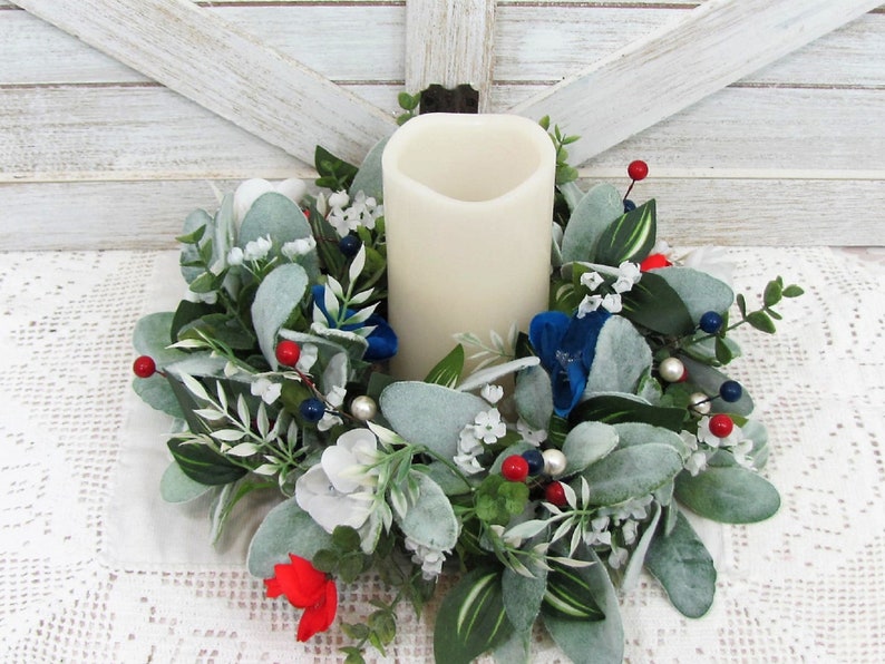 SMALL Patriotic Floral Wreath Red White Blue Decor Lambs Ear & Eucalyptus Americana Wreath for Kitchen Cabinet or Tablescape image 1