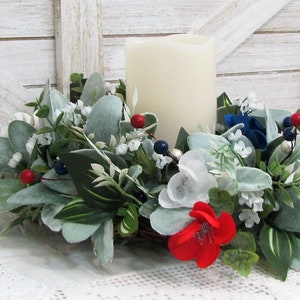 SMALL Patriotic Floral Wreath Red White Blue Decor Lambs Ear & Eucalyptus Americana Wreath for Kitchen Cabinet or Tablescape image 5
