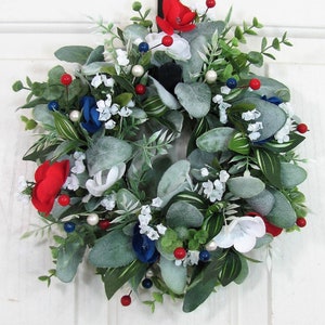 SMALL Patriotic Floral Wreath Red White Blue Decor Lambs Ear & Eucalyptus Americana Wreath for Kitchen Cabinet or Tablescape image 7