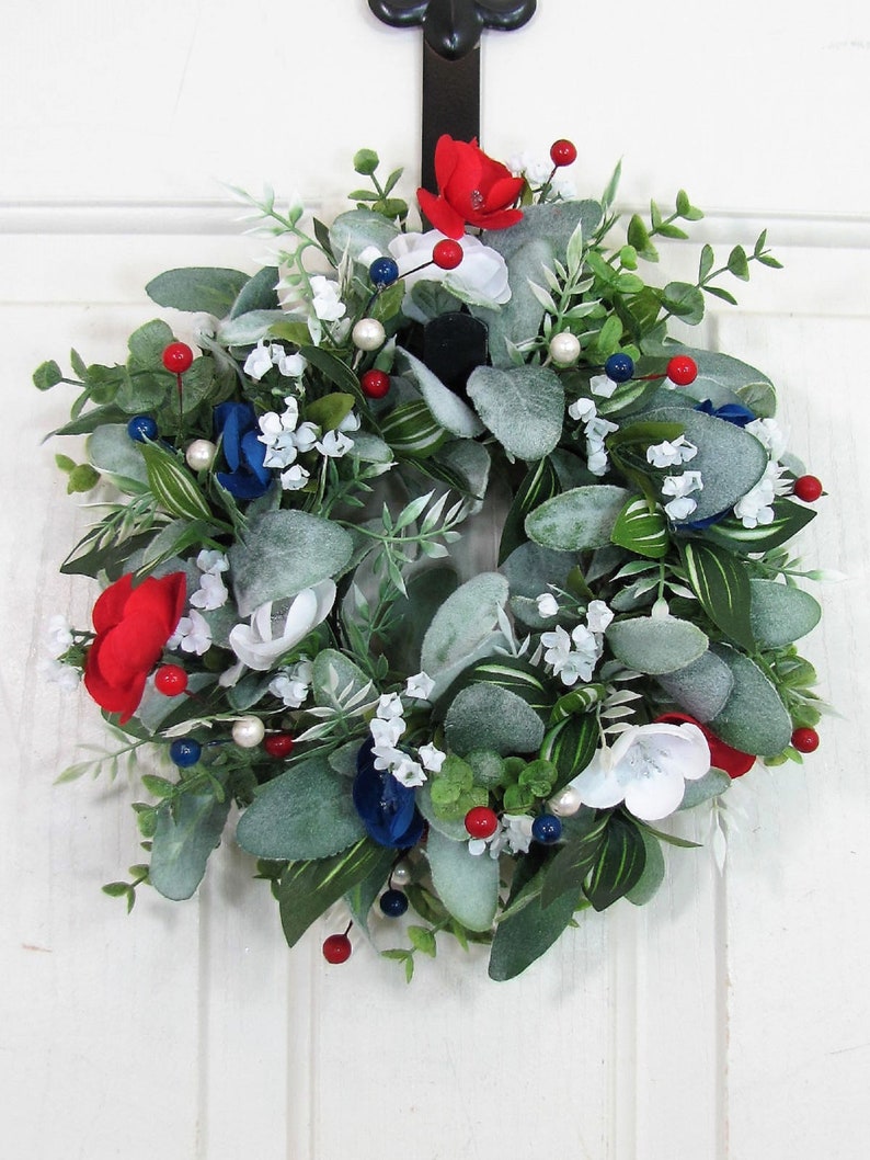 SMALL Patriotic Floral and Lambs Ear Wreath Americana Candle Ring Wreath Mirror Wreath Wreath for Kitchen Cabinet Designawreath image 7