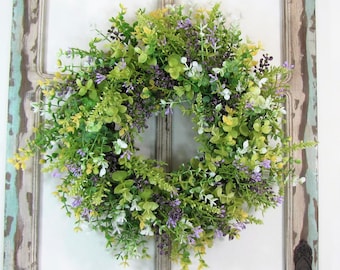 SMALL Boxwood & Lavender Wreath - Summer Floral Wreath for Bedroom - Farmhouse Cabinet Door Decor - Small Kitchen Door or Porch Wreath