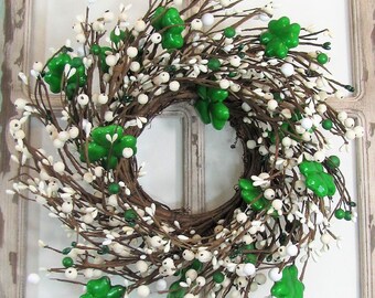 Small St. Patrick's Day Berry Wreath or Candle Ring - Green Shamrock Wreath for your Home - Wreath for Kitchen Cabinet or Pantry Door