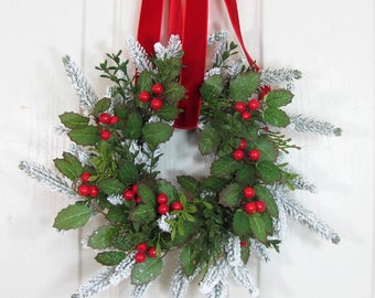 Small Holly & Red Berry Wreath - Small Winter Farmhouse Home or Mirror Wreath - Country Pine Home Decor - Holiday Home  Christmas Tablescape