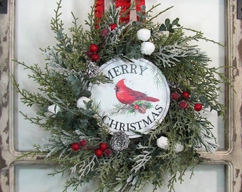 Small Christmas Cardinal, Pine & Berry Wreath - Small  Farmhouse Home or Mirror Wreath - Country Pine Home Decor - Holiday Home  Christmas