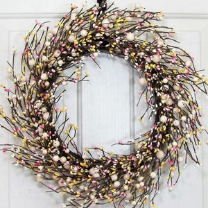 Every Day Pip Berry STORM Door Wreath THIN Berry Wreath for your Front Door Country Cream, Pink and Yellow Berry Wreath Gift for her image 1