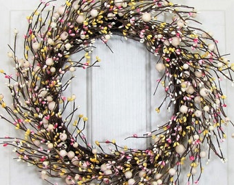 Every Day Pip Berry STORM Door Wreath - THIN Berry Wreath for your Front Door - Country Cream, Pink and Yellow Berry Wreath - Gift for her