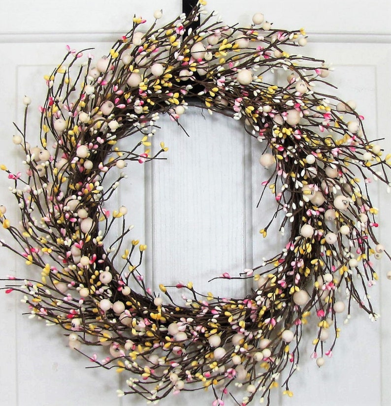 Every Day Pip Berry STORM Door Wreath THIN Berry Wreath for your Front Door Country Cream, Pink and Yellow Berry Wreath Gift for her image 1