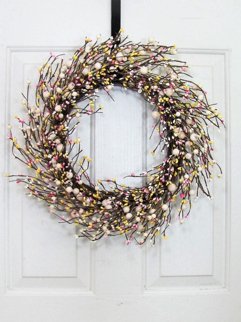 Every Day Pip Berry STORM Door Wreath THIN Berry Wreath for your Front Door Country Cream, Pink and Yellow Berry Wreath Gift for her image 2