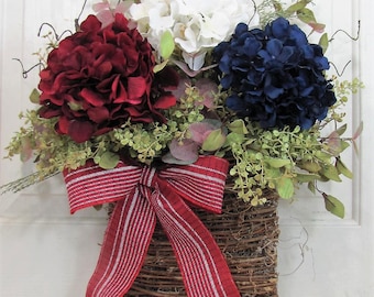 Patriotic Hydrangea Basket Wreath for Your Front Door or Home - Wreath Basket for Door - Every Day Outdoor Porch Decor -  Designawreath