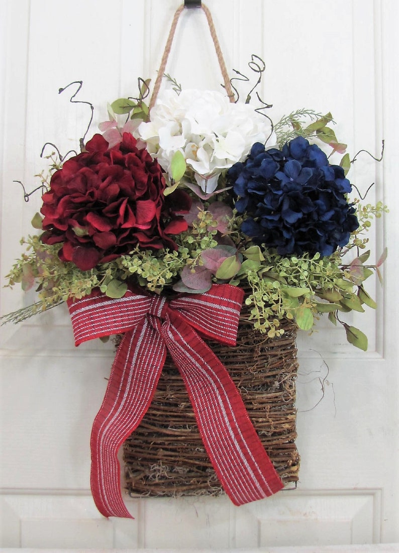 Patriotic Hydrangea Basket Wreath for Your Front Door or Home Wreath Basket for Door Every Day Outdoor Porch Decor Designawreath image 1