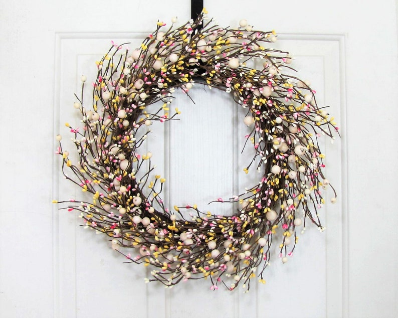 Every Day Pip Berry STORM Door Wreath THIN Berry Wreath for your Front Door Country Cream, Pink and Yellow Berry Wreath Gift for her image 6