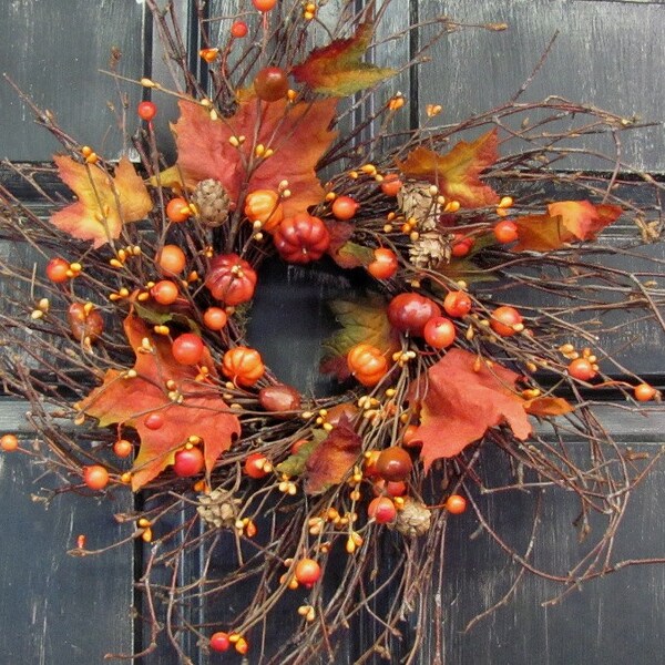 SALE Thanksgiving Floral Wreath - Rustic Decor - Front Door Wreath - Fall Decor - Pumpkins - Maple Leaves - Autumn - Fall Wreath