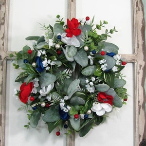 SMALL Patriotic Floral and Lambs Ear Wreath Americana Candle Ring Wreath Mirror Wreath Wreath for Kitchen Cabinet Designawreath image 1