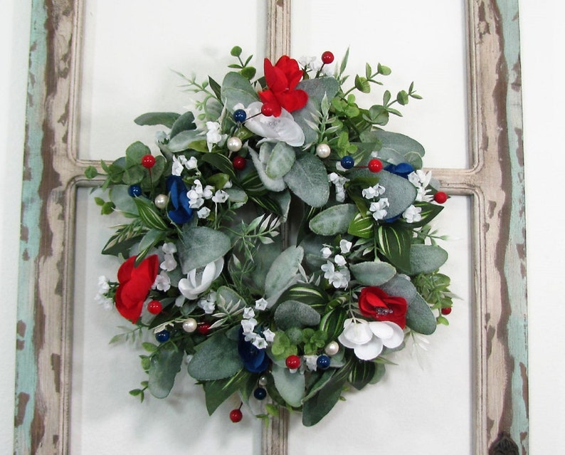 SMALL Patriotic Floral Wreath Red White Blue Decor Lambs Ear & Eucalyptus Americana Wreath for Kitchen Cabinet or Tablescape image 2