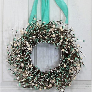 SMALL Teal Blue & Ivory Berry Wreaths Every Day Wreaths Baby Shower Decor Window Wreath Spring Mirror Wreath Berry Home Decor image 3