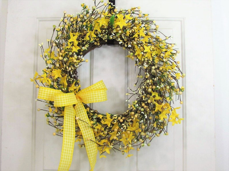 Spring Forsythia & Berry Wreath Yellow Wreaths for Your Home Country Farmhouse Wreath for Front Door Primitive Wreath Designawreath image 8