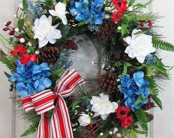 Patriotic Home or Door Decor - American Flag Wreath - Independence Day Porch Decor - Summer Door Hanger - Wreath for Memorial Day - July 4th