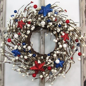 SMALL Patriotic Wreath/Candle Ring Americana Flag Wreaths Red White and Blue Stars and Berries, Versatile Decor for Door or Cabinet image 1