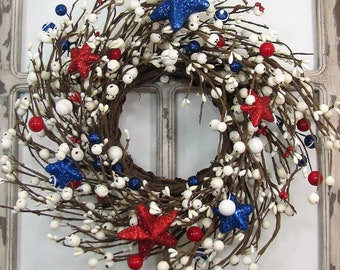 SMALL Patriotic Wreath/Candle Ring - Americana Flag Wreaths - Red White and Blue Stars and Berries, Versatile Decor for Door or Cabinet